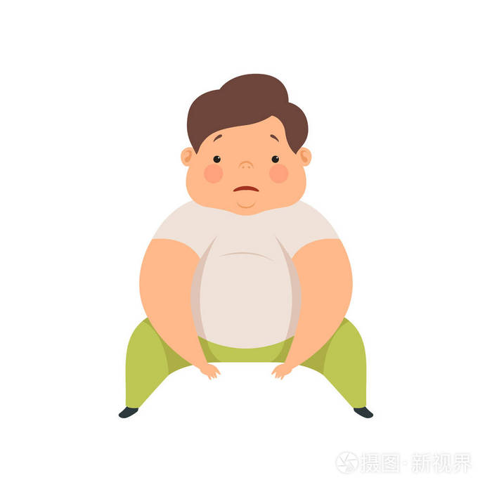 可爱的超重男孩坐在地板上, 胖乎乎的儿童卡通人物矢量插图在白色背景