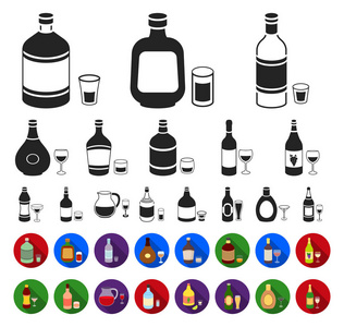 酒精黑色的类型, 平面图标在集合中的设计。酒精在瓶向量标志股票网例证