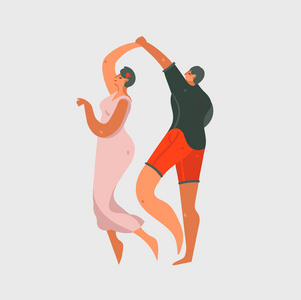 手绘矢量抽象卡通现代图形快乐情人节概念插图艺术卡片与年迈夫妇一起跳舞一起孤立在柔和的颜色背景