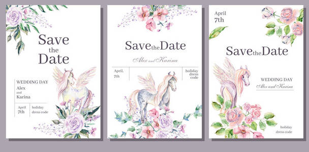 水彩邀请卡模板用于婚礼或浪漫设计。 花卉构图和可爱的小马飞马。 手绘插图。