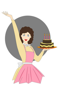 一个微笑的年轻女子在厨房里拿着一个大蛋糕