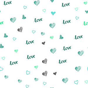 浅绿色矢量无缝模板与文字爱你的心。 用抽象风格的爱的话语来说明。 纺织品壁纸设计。