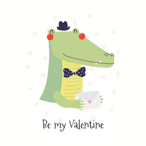 手绘卡片与可爱有趣的鳄鱼抱着情书文字是我的情人节隔离在白色背景。 矢量图。 斯堪的纳维亚风格的平面设计。 儿童问题