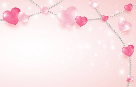 三维粉红色和白色的心与珠子上的粉彩背景。 情人节或婚礼的装饰爱情概念。 你的课文的地方。 矢量插图