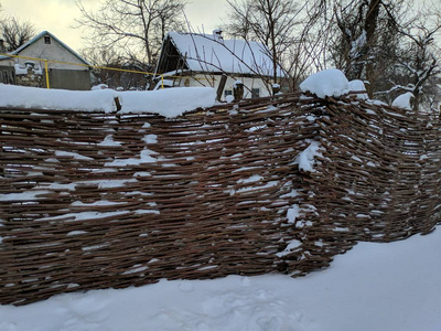 冬天的老式柳条栅栏树枝栅栏