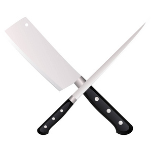 刀的图标。 灰色背景上两把交叉金属菜刀的图标。