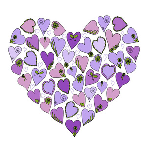 心形设计与紫色的心。 手绘矢量插图。