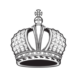 丝状高详细的皇冠。设计标志会徽和纹身的元素。在白色背景查出的向量例证