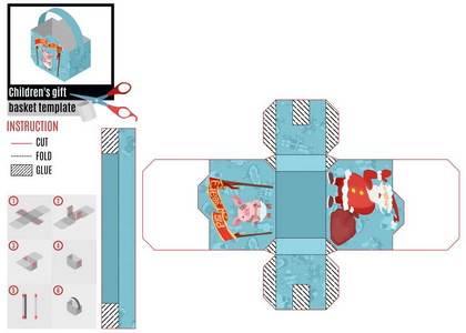 有趣的新年印刷盒模板猪和圣诞老人蓝色