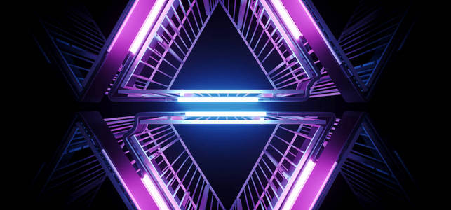 科幻未来感雅外星现代高科技霓虹灯发光紫粉蓝色三角金属结构走廊隧道格栅混凝土墙空背景3绘制插图