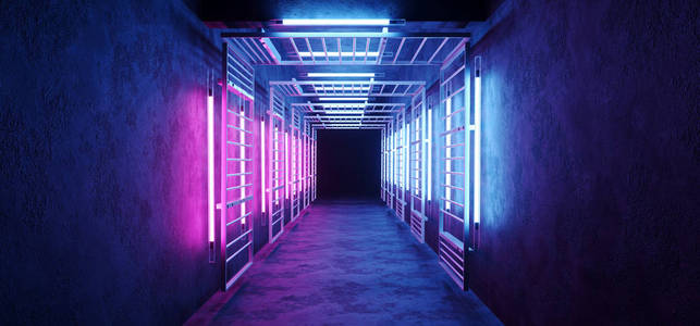 霓虹灯发光的科幻未来感雅的高科技紫粉蓝色矩形金属结构走廊隧道格栅混凝土墙空背景3绘制插图