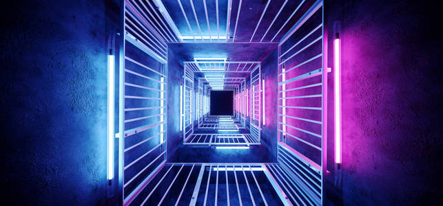 霓虹灯发光科幻未来感雅外星现代高科技紫粉蓝色矩形金属结构走廊隧道格栅混凝土墙空背景3绘制插图