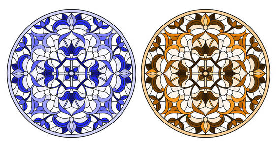 彩色玻璃风格的插图集，圆形花安排，蓝色和棕色色调。