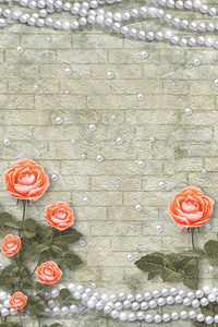 节日卡片上有珍珠和一束美丽的红玫瑰，在绿色的纸背景下祝贺或邀请