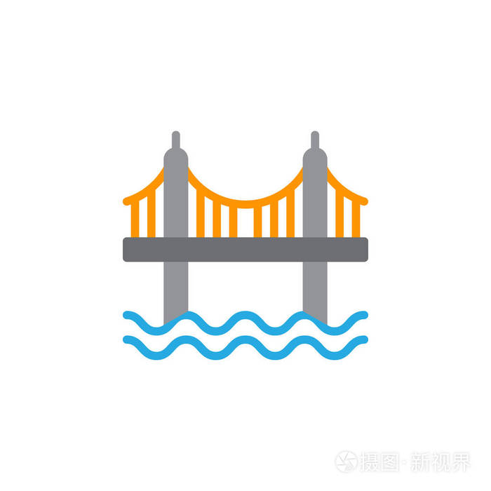 悬挂桥图标矢量填充平标,实心彩色象形文字隔离在白色