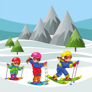 卡通欢快的孩子们穿着西装在滑雪上移动