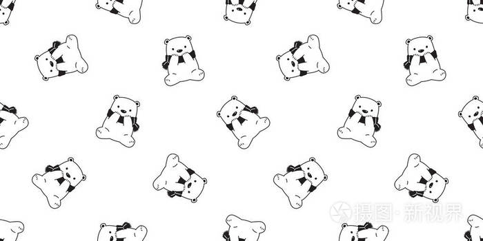 熊无缝图案矢量北极熊坐着围巾卡通插图背景重复壁纸插画-正版商用
