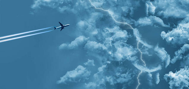 航空旅行的费用用一个美元标志和一架带有对线的喷气式飞机形状的云来说明。云是带闪电的风暴云。这是一个例子。