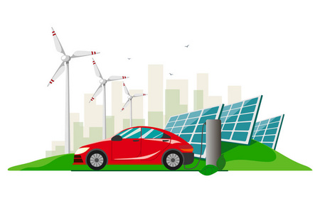 一辆红色电动汽车在充电器站充电，背景是风力涡轮机和太阳能电池板。 电动运动概念平面矢量插图。