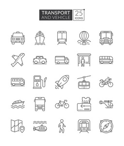 交通和车辆图标。 简单的传输相关矢量线图标。 运输大纲图标