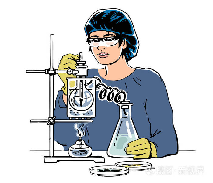 女科学家用试管的素描.手绘的向量例证