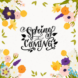 春天即将到来，书法铭文是用矢量制成的。 由手绘春花制成的花框。 明信片婚礼邀请和合并设计与手绘刻字。