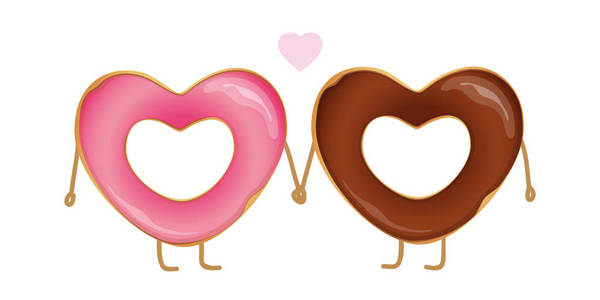 两个心形甜甜圈在爱巧克力和粉红色的釉料
