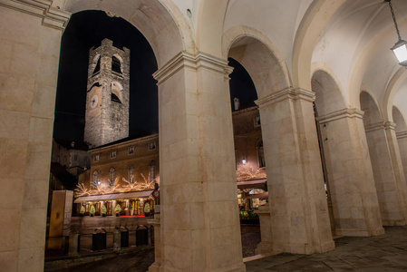 伯加莫的安吉洛梅图书馆的门廊，有Torre delCampanone景观