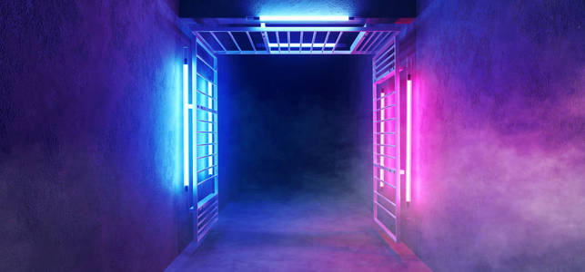 科幻未来主义复古现代霓虹灯闪烁紫色蓝色灯与矩形金属结构舞台隧道走廊与烟雾，空背景，3渲染插图。