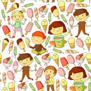 小孩子吃冰淇淋。给孩子们的甜草莓糖美味的香草橘子猕猴桃甜点