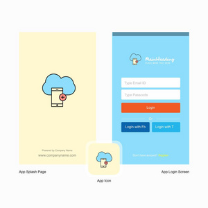 公司云与智能手机飞溅屏幕和登录页面设计与标志模板。 移动在线业务模板