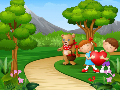 儿童卡通与熊一起庆祝情人节