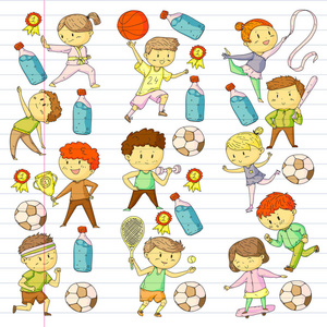 儿童体育比赛。年轻的运动员踢足球, 足球, 棒球, 篮球。男孩和女孩跑。艺术体操花样滑冰的图像