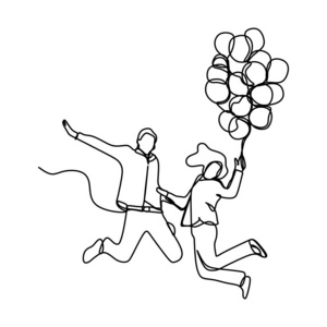 连续线绘制浪漫夫妇与气球运行和跳跃。 极简设计矢量插图。