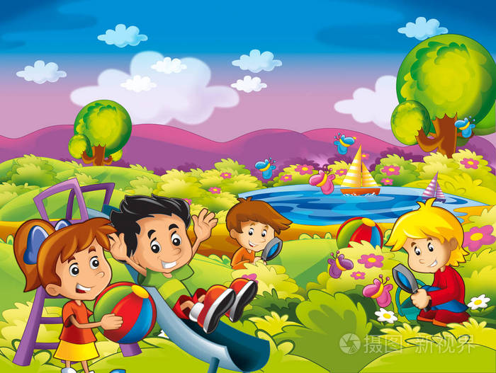 卡通夏季自然背景靠近湖边,孩子们玩得开心,为孩子们提供野餐插图