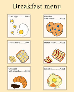早餐菜单设计。 矢量卡通插图。 完美的菜单设计。