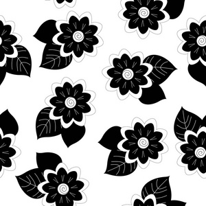 黑白手绘花卉重复无缝图案与白色背景。