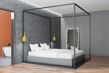 时尚卧室的角落，灰色和混凝土墙壁，木地板，灰色主床，垂直镜子，灯泡在地板和打开浴室门。 3D渲染