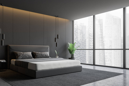 全景卧室的角落，灰色的墙壁，混凝土地板，灰色的主人床，站在地毯和大盆栽上。 3D渲染