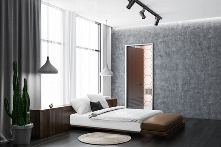 卧室的角落有混凝土和白色的墙壁，深色的木制地板，深色的木制主床在窗户下面，打开浴室的门。 3D渲染