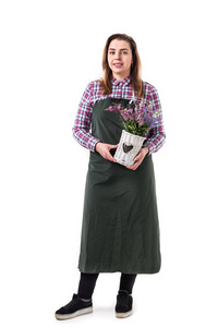 穿着围裙的女专业园丁或花匠把花放在白色背景的罐子里
