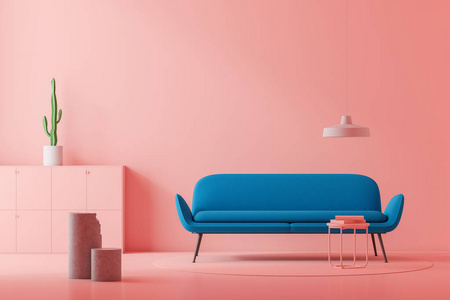极简主义客厅内部有粉红色的墙壁，蓝色的沙发站在咖啡桌附近，上面有书和粉红色的梳妆台，上面有仙人掌。 3D渲染