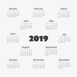 简单的2019年日历矢量打印模板