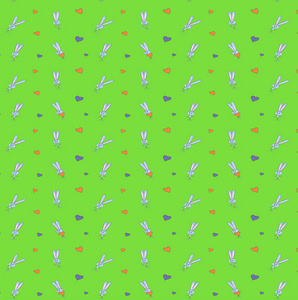 与兔子的模式。用于数字废纸。在绿色背景上有心灵的兔子