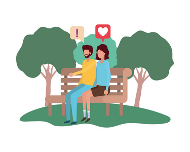 夫妇坐在公园椅子上的语音气泡