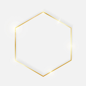 金色发亮的老式六边形框架，阴影孤立在白色背景上。 黄金豪华现实边界。 婚礼母亲或情人节概念。 圣诞节和新年摘要。 向量