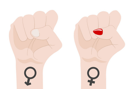 性别平等。 男性和女性的男女符号。 举起拳头。 团结的象征，抗议合作和团结。 在白色背景上隔离的矢量插图。