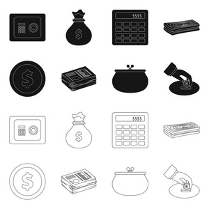 银行和货币图标的矢量设计。股票的银行和账单矢量图标集插画