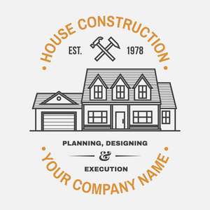 房屋建筑公司与美国郊区房屋的身份。 矢量图。 细线图标徽章标志为房地产建筑和建筑公司相关业务。