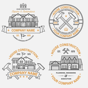集房屋建筑公司身份与美国郊区房屋。向量例证。细线徽章, 房地产标志, 建筑和建筑公司相关业务